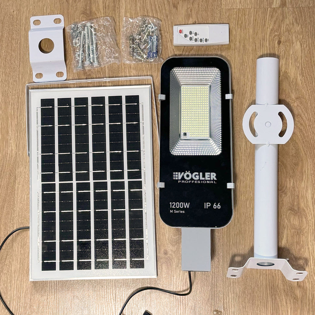 Ισχυρή ηλιακή λάμπα, αισθητήρας λυκόφωτος, τηλεχειριστήριο, Vögler Professional 1200W