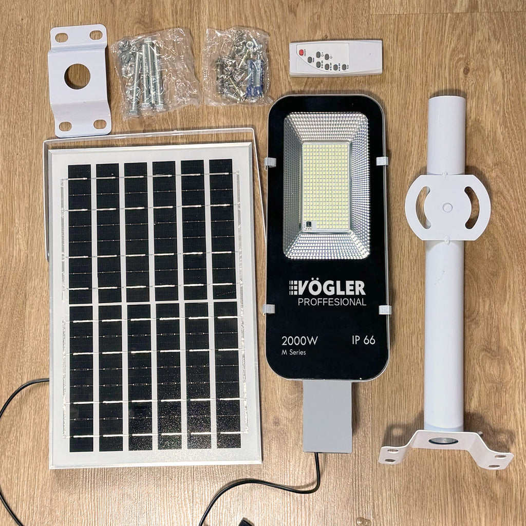 Ισχυρή ηλιακή λάμπα, αισθητήρας λυκόφωτος, τηλεχειριστήριο, Vögler Professional 2000W
