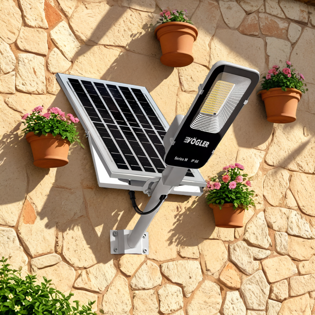 Ισχυρή ηλιακή λάμπα, αισθητήρας λυκόφωτος, τηλεχειριστήριο, Vögler Professional 1200W