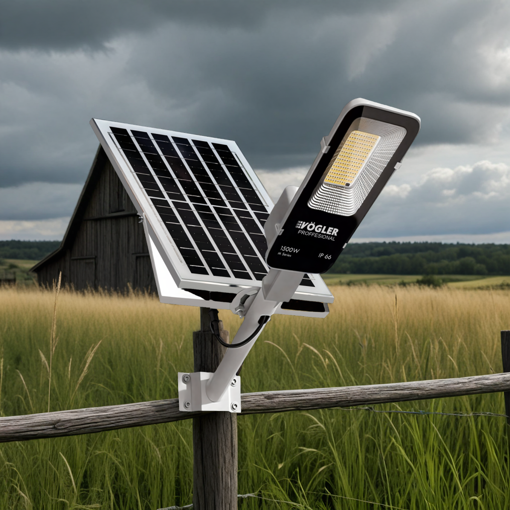 Ισχυρή ηλιακή λάμπα, αισθητήρας λυκόφωτος, τηλεχειριστήριο, Vögler Professional 1500W