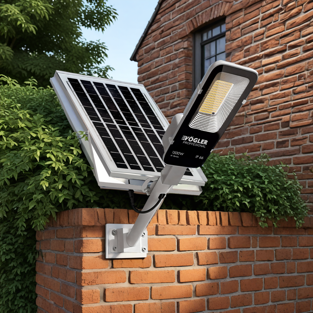 Ισχυρή ηλιακή λάμπα, αισθητήρας λυκόφωτος, τηλεχειριστήριο, Vögler Professional 1500W