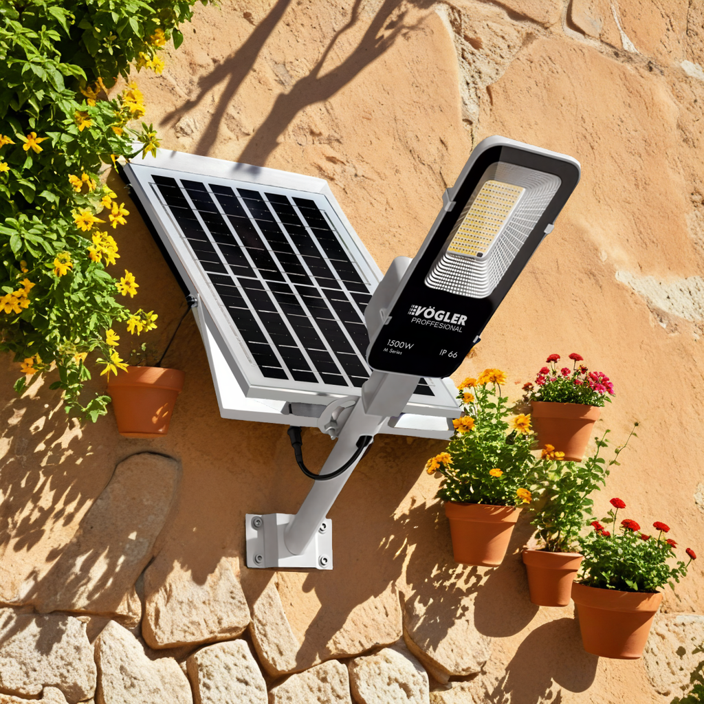 Ισχυρή ηλιακή λάμπα, αισθητήρας λυκόφωτος, τηλεχειριστήριο, Vögler Professional 1500W