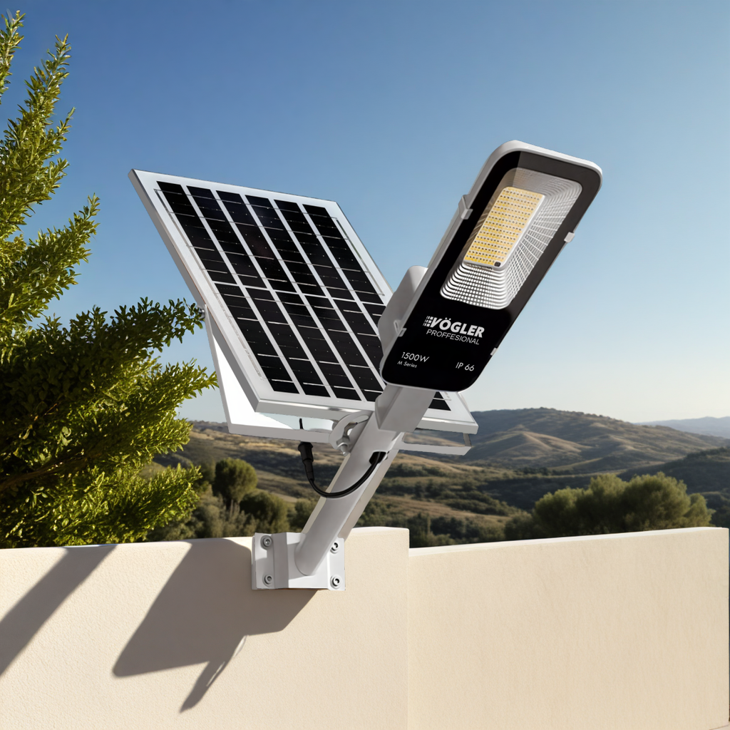 Ισχυρή ηλιακή λάμπα, αισθητήρας λυκόφωτος, τηλεχειριστήριο, Vögler Professional 1500W