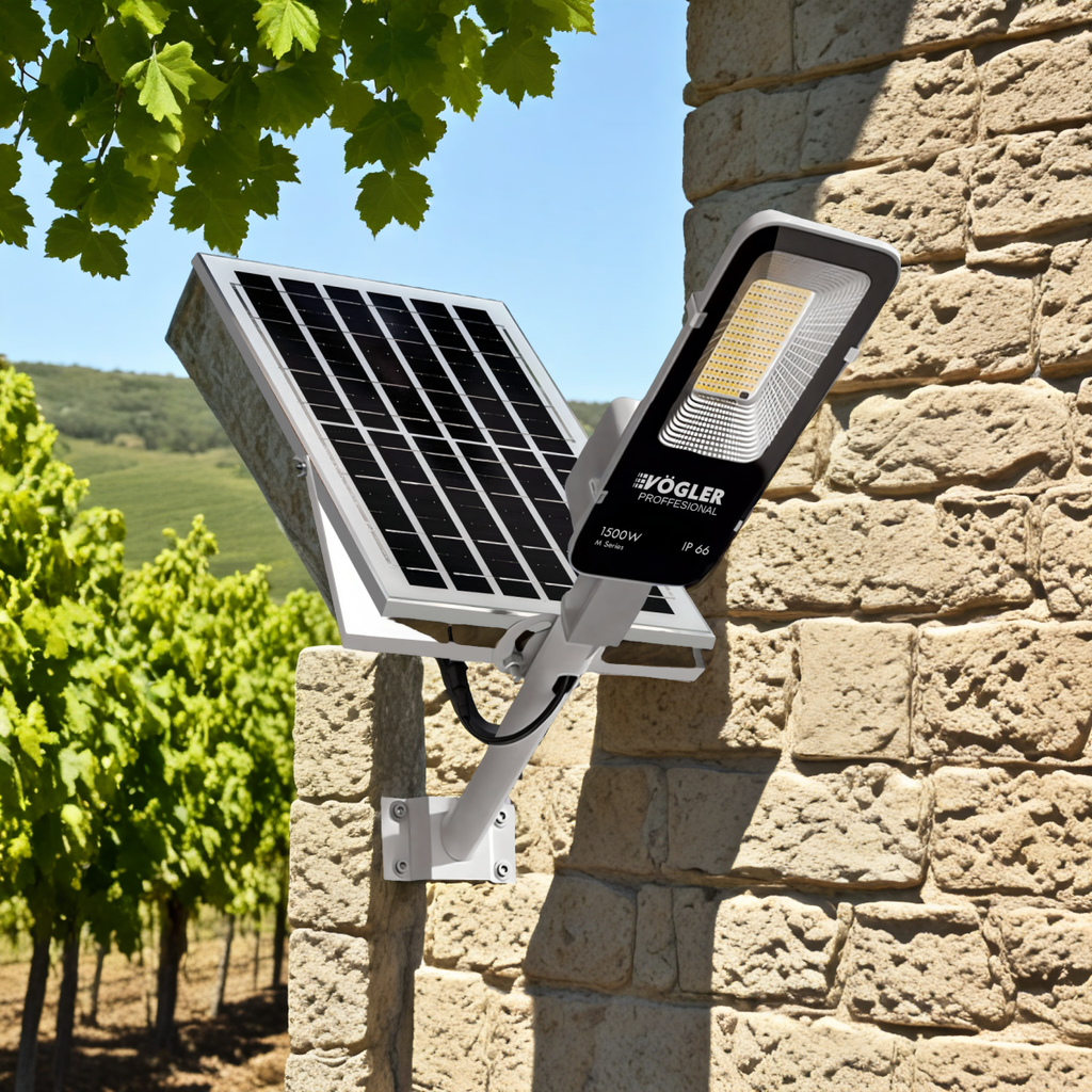 Ισχυρή ηλιακή λάμπα, αισθητήρας λυκόφωτος, τηλεχειριστήριο, Vögler Professional 1500W