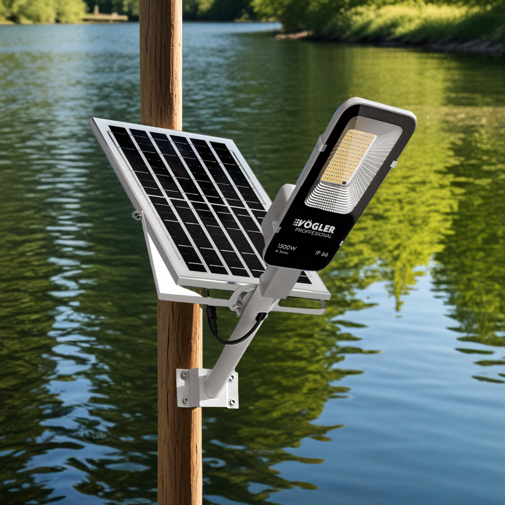Ισχυρή ηλιακή λάμπα, αισθητήρας λυκόφωτος, τηλεχειριστήριο, Vögler Professional 1500W