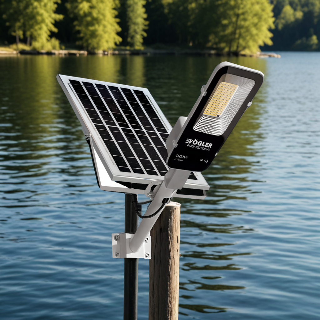 Ισχυρή ηλιακή λάμπα, αισθητήρας λυκόφωτος, τηλεχειριστήριο, Vögler Professional 1500W
