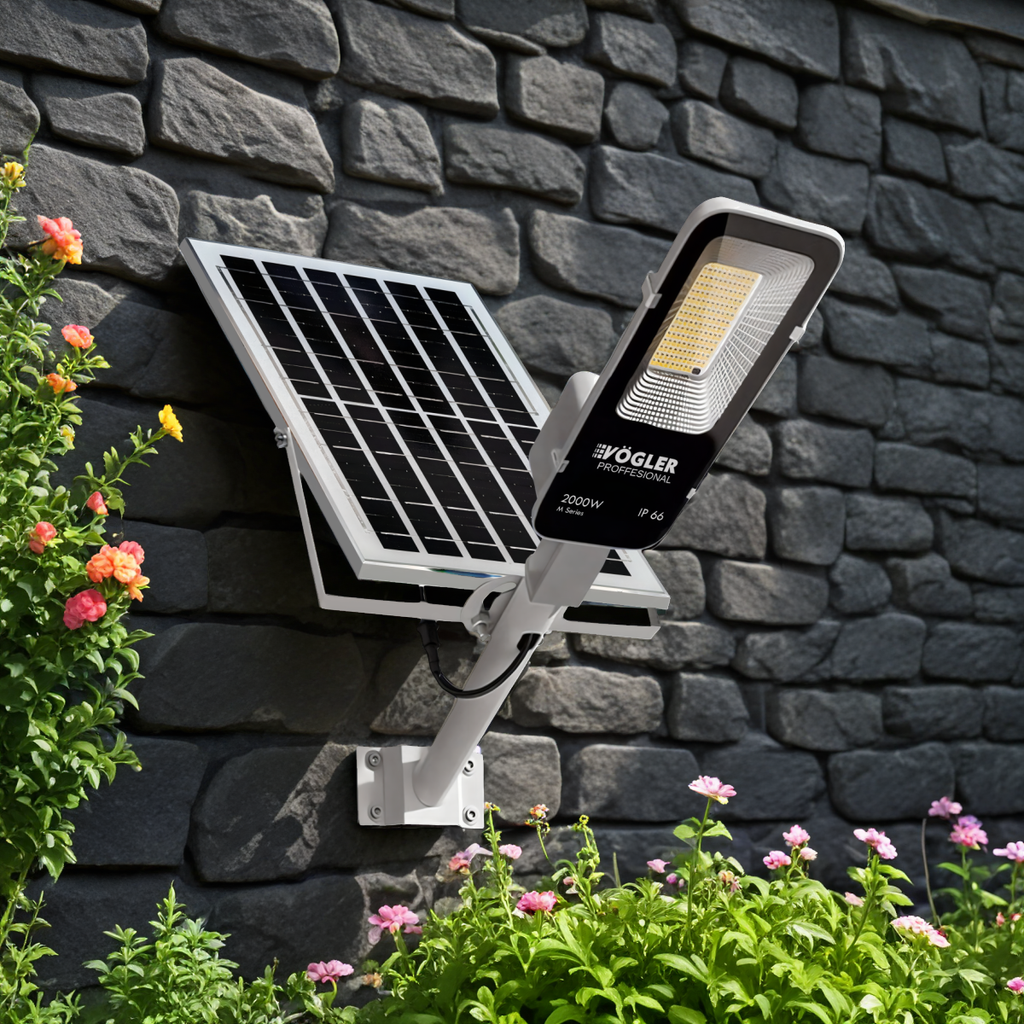Ισχυρή ηλιακή λάμπα, αισθητήρας λυκόφωτος, τηλεχειριστήριο, Vögler Professional 2000W