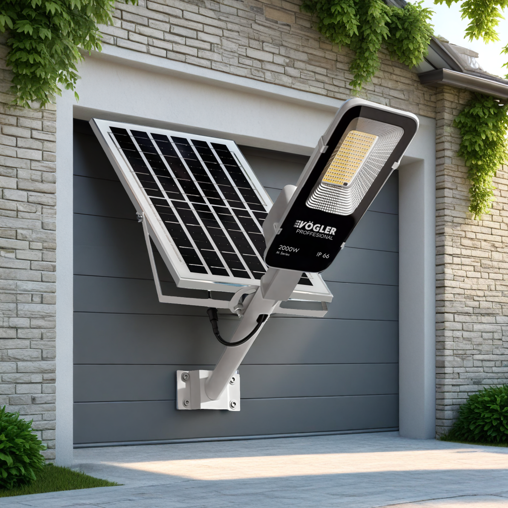 Ισχυρή ηλιακή λάμπα, αισθητήρας λυκόφωτος, τηλεχειριστήριο, Vögler Professional 2000W
